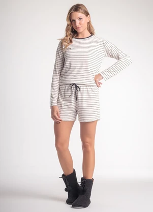 Espaço Pijama - Pijama Feminino Manga Longa com Short Off White - ESPAÇO PIJAMA