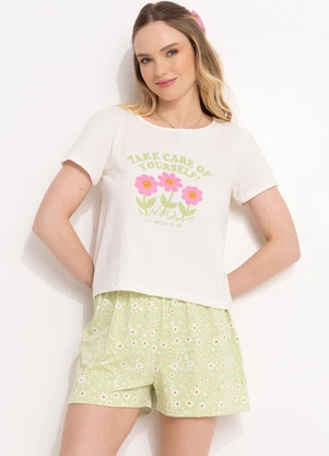 Alma Dolce - Pijama Floral Verde em Malha de Poliéster - ALMA DOLCE