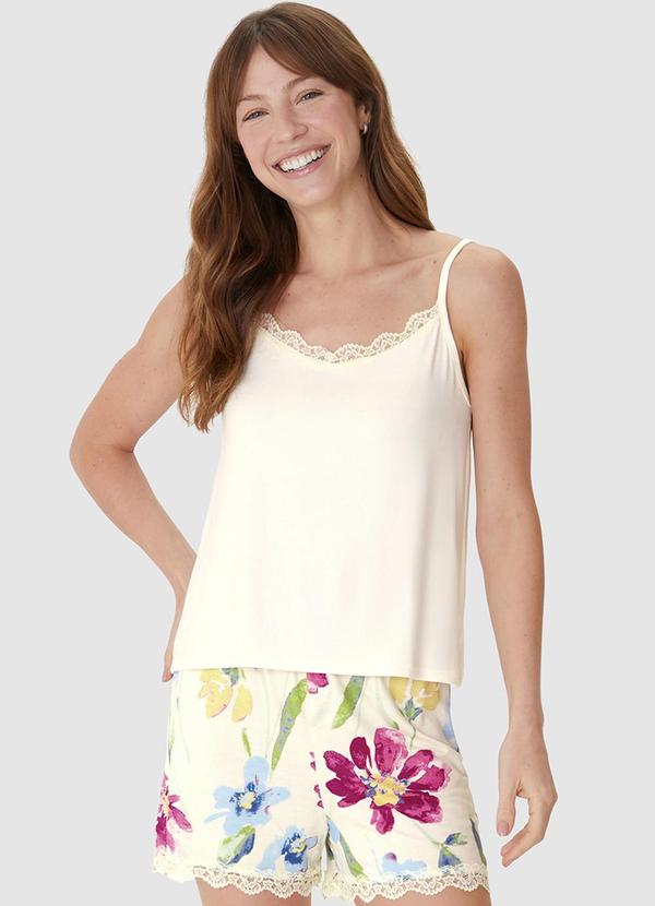 Malwee - Pijama Justo Floral com Renda Off White