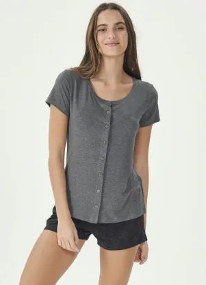 Espaço Pijama - Pijama Manga Curta com Abertura Mescla e Preto - ESPAÇO PIJAMA