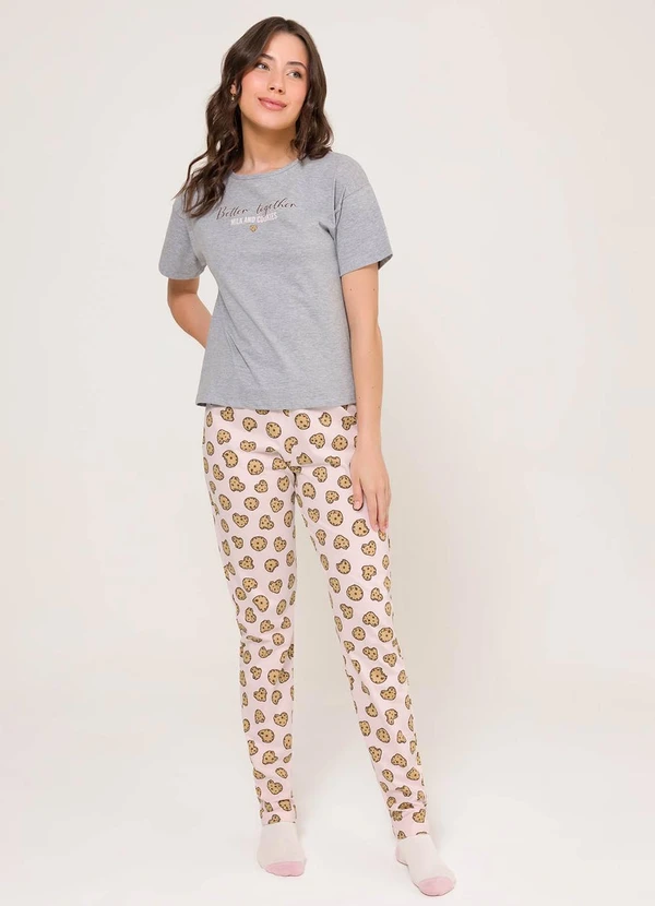 Espaço Pijama - Pijama Manga Curta com Calça Mescla e Rosa