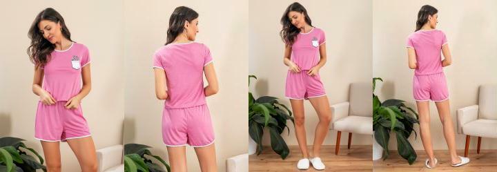 Pijama Manga Curta com Estampa Rosa