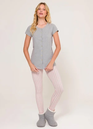 Espaço Pijama - Pijama Manga Curta com Legging Mescla e Rosa - ESPAÇO PIJAMA