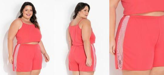 Pijama Plus Size Coral com Renda no Shorts