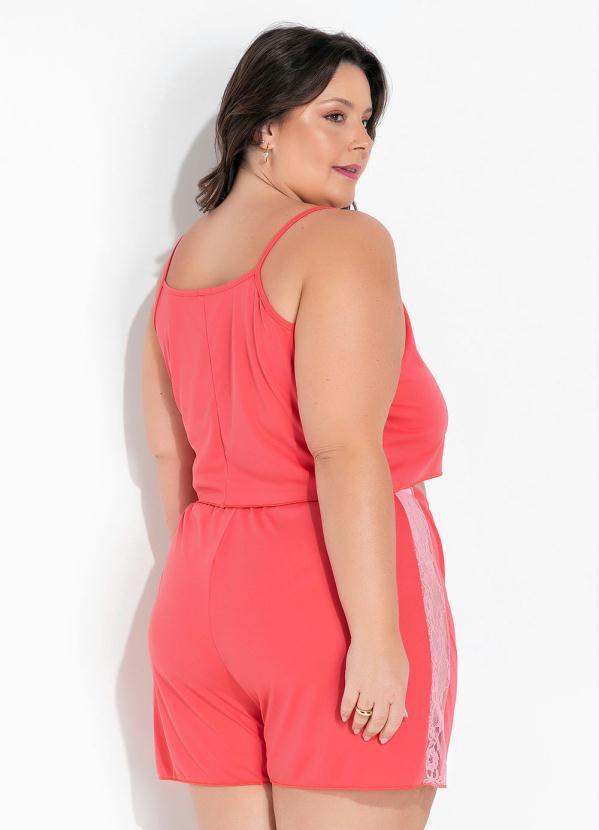 Marguerite - Pijama Plus Size Coral com Renda no Shorts 2