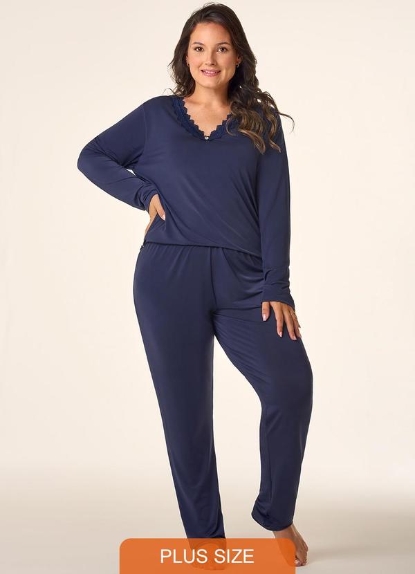 Merengue - Pijama Plus Size Manga Longa - Decote V Azul