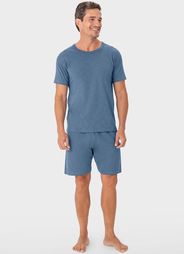 Malwee - Pijama Azul Curto em Malha com Bordado