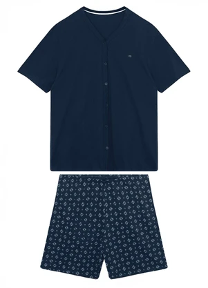Malwee - Pijama Curto Botões & Bordado Azul Marinho - MALWEE