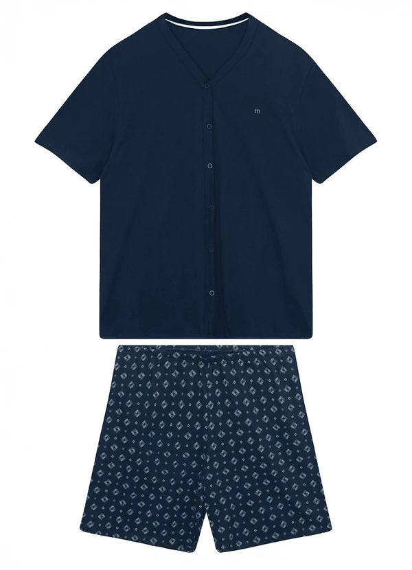 Malwee - Pijama Curto Botões & Bordado Azul Marinho