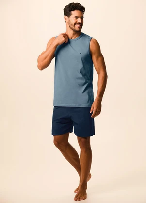 Malwee - Pijama Curto Masculino com Bordado Azul Pastel - MALWEE
