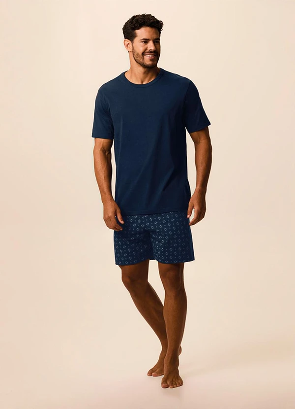 Malwee - Pijama Curto Masculino Estampado Azul Marinho