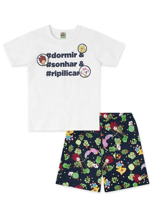 Lilica Ripilica - Pijama Curto Malha Menina Mundo Ripilica Branco