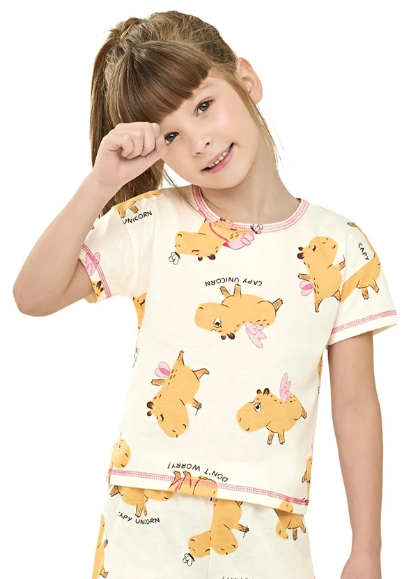Elian - Pijama Curto Menina Infantil Capivaras Bege 2