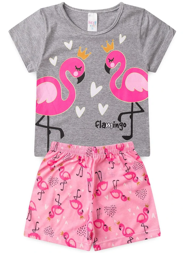 Atelie da Crianca - Pijama Feminino Verão Flamingo Cinza