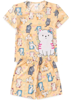 Atelie da Crianca - Pijama Feminino Verão Gatinho Amarelo - ATELIE DA CRIANCA