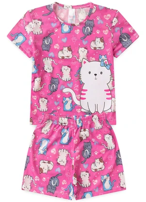 Atelie da Crianca - Pijama Feminino Verão Gatinho Rosa - ATELIE DA CRIANCA