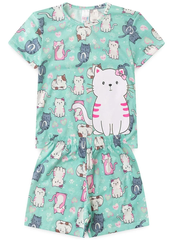 Atelie da Crianca - Pijama Feminino Verão Gatinho Verde