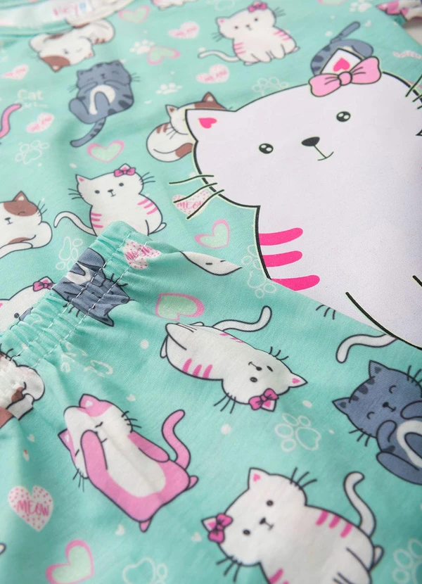 Atelie da Crianca - Pijama Feminino Verão Gatinho Verde 4