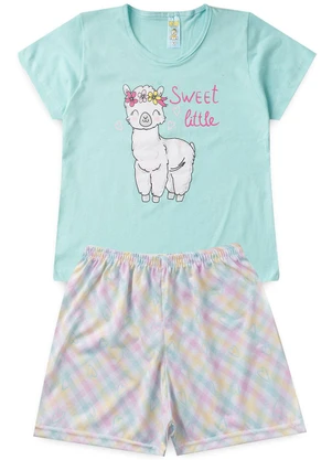 Atelie da Crianca - Pijama Feminino Verão Lhama Azul - ATELIE DA CRIANCA