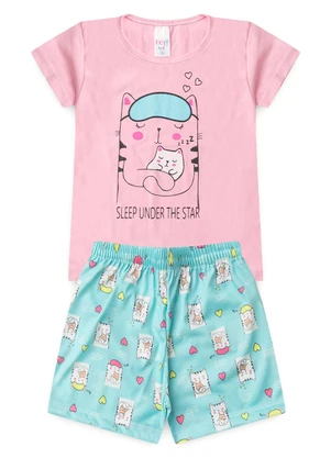 Atelie da Crianca - Pijama Feminino Verão Sleep Cat Rosa - ATELIE DA CRIANCA