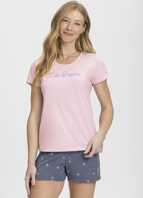 Mensageiro do Sonhos - Pijama Manga Cuta Rosa com Corações Rosa