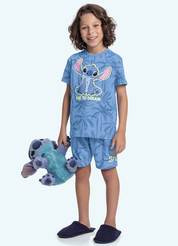 Fakini Kids - Pijama Camiseta e Bermuda Lilo & Stitch Azul