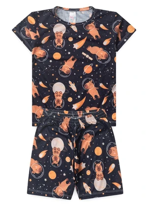 Atelie da Crianca - Pijama Feminino Verão Capivara Espaço Preto - ATELIE DA CRIANCA