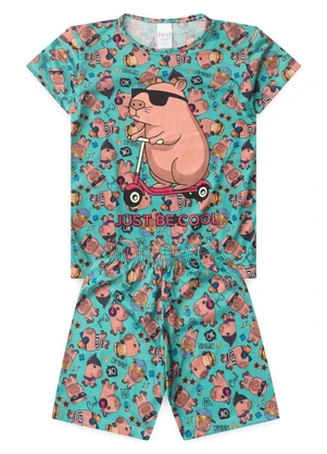 Atelie da Crianca - Pijama Feminino Verão Capivara Patinete Verde - ATELIE DA CRIANCA