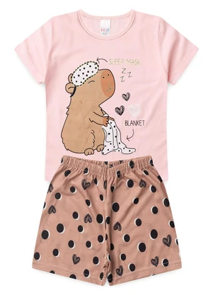 Atelie da Crianca - Pijama Feminino Verão Capivara Rosa - ATELIE DA CRIANCA
