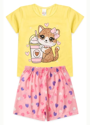 Atelie da Crianca - Pijama Feminino Verão Gata Onça Amarelo - ATELIE DA CRIANCA