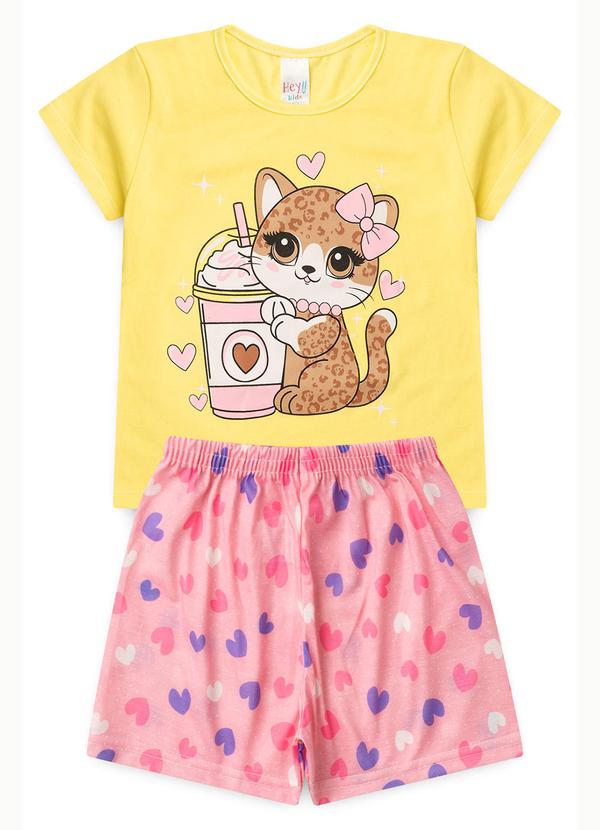 Atelie da Crianca - Pijama Feminino Verão Gata Onça Amarelo
