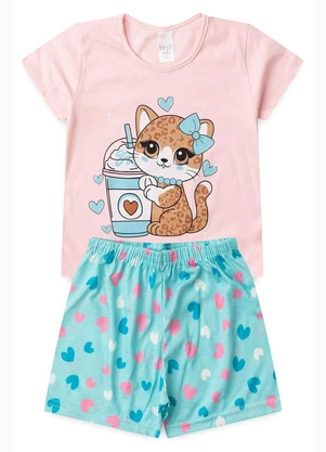 Atelie da Crianca - Pijama Feminino Verão Gata Onça Rosa - ATELIE DA CRIANCA