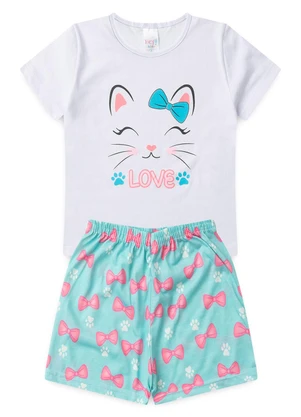 Atelie da Crianca - Pijama Feminino Verão Gato Laço Branco - ATELIE DA CRIANCA