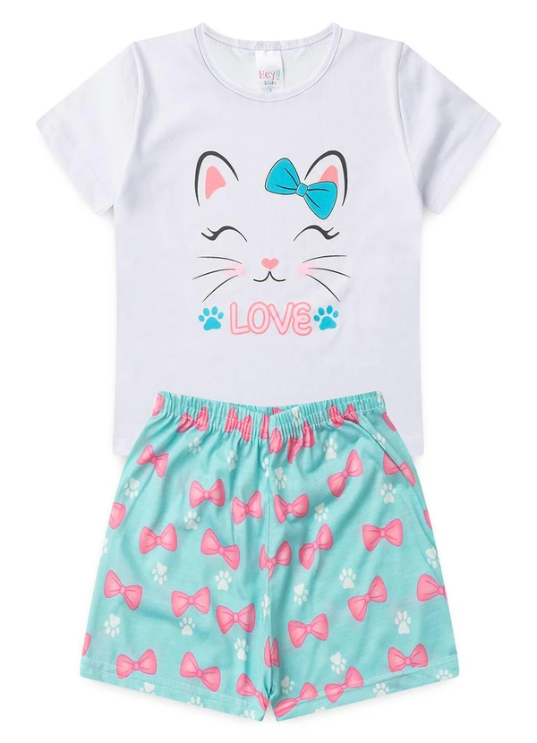 Atelie da Crianca - Pijama Feminino Verão Gato Laço Branco 1