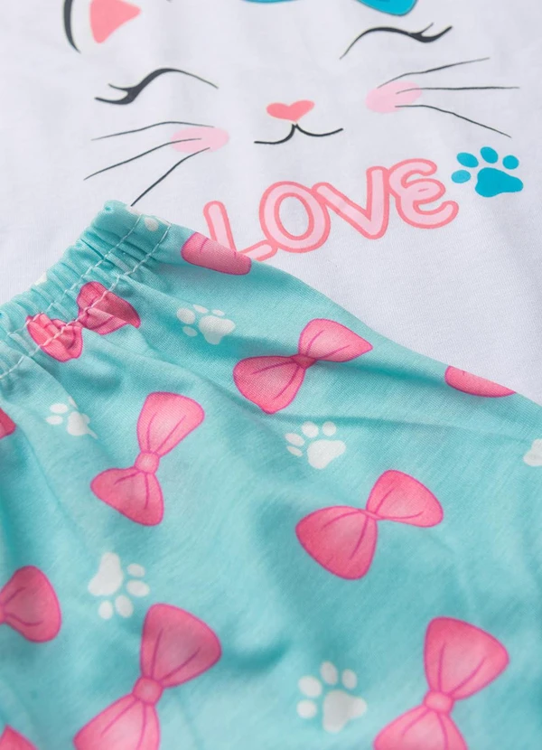 Atelie da Crianca - Pijama Feminino Verão Gato Laço Branco 4