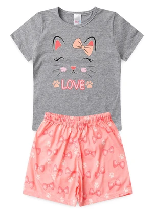 Atelie da Crianca - Pijama Feminino Verão Gato Laço Cinza - ATELIE DA CRIANCA