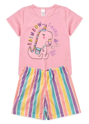 Atelie da Crianca - Pijama Feminino Verão Rainbow-Sauro Rosa - ATELIE DA CRIANCA