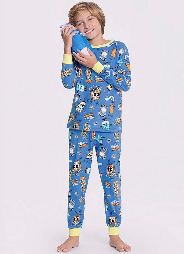 Alakazoo - Pijama Longo Menino Estampa Brilha Escuro Azul