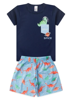 Atelie da Crianca - Pijama Masculino Verão Dino Space Azul Escuro - ATELIE DA CRIANCA