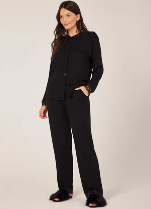 Anna Kock - Pijama Americano Longo c/ Detalhes em Renda Preto - ANNA KOCK