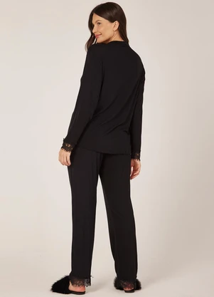 Anna Kock - Pijama Americano Longo c/ Detalhes em Renda Preto - ANNA KOCK