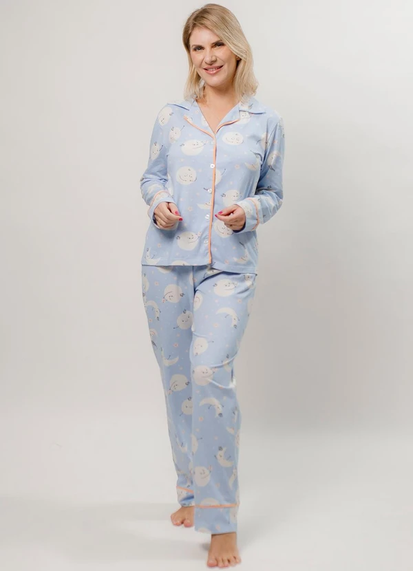 Piante Pijamas - Pijama Americano Algodão Longo Lua Azul Azul