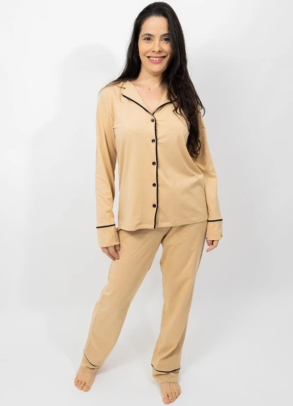 Piante Pijamas - Pijama Americano Longo Algodão Filete Bege Areia