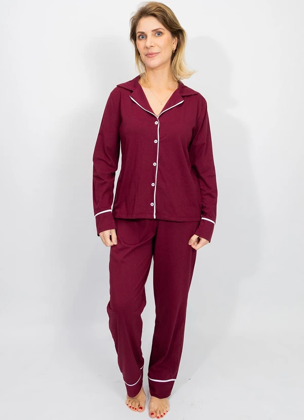 Piante Pijamas - Pijama Americano Longo Algodão Filete Bordô