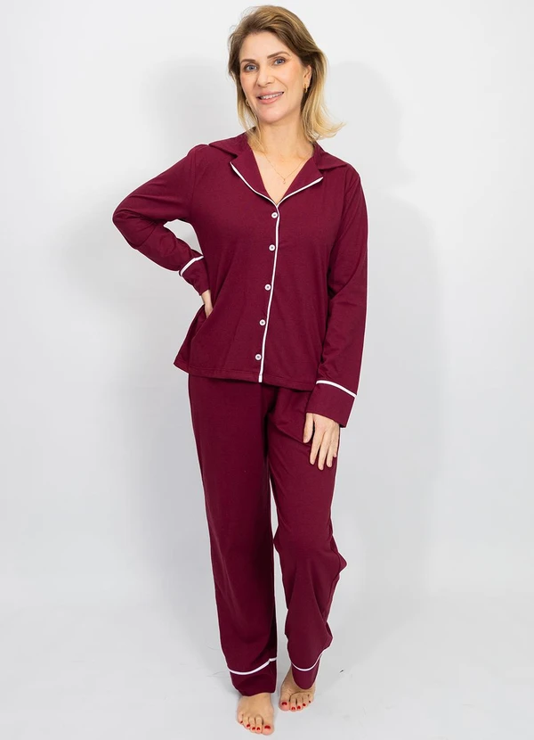 Piante Pijamas - Pijama Americano Longo Algodão Filete Bordô 3