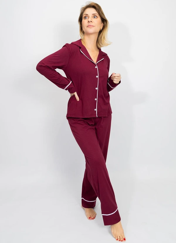 Piante Pijamas - Pijama Americano Longo Algodão Filete Bordô 4