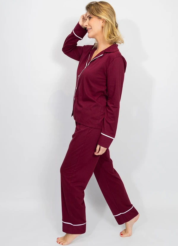 Piante Pijamas - Pijama Americano Longo Algodão Filete Bordô 5