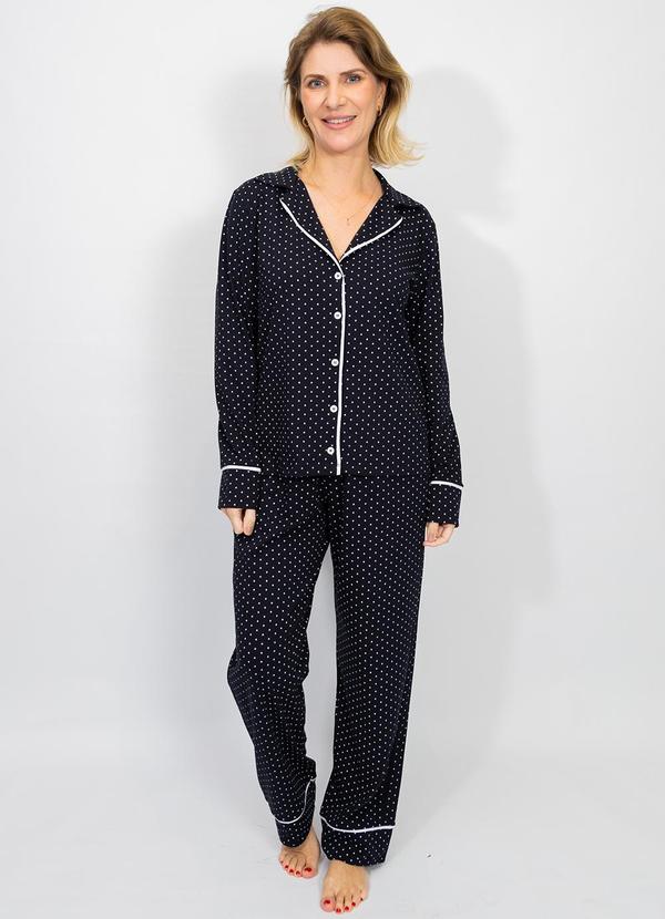 Piante Pijamas - Pijama Americano Longo Algodão Filete Poá Preto