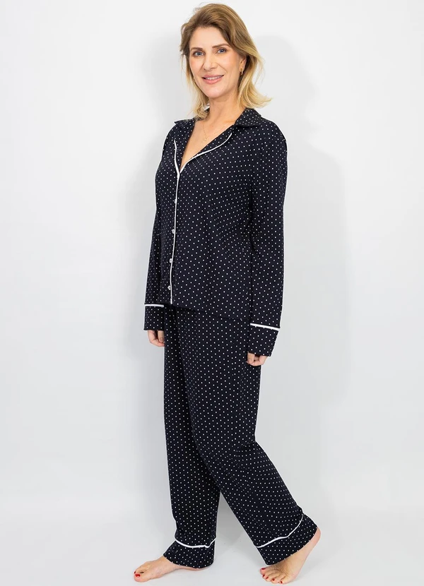 Piante Pijamas - Pijama Americano Longo Algodão Filete Poá Preto 3