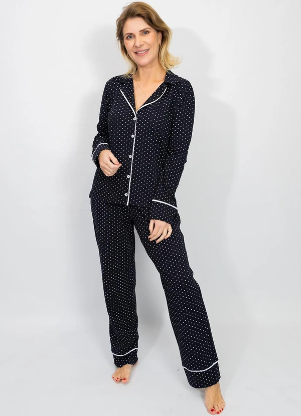 Piante Pijamas - Pijama Americano Longo Algodão Filete Poá Preto 5